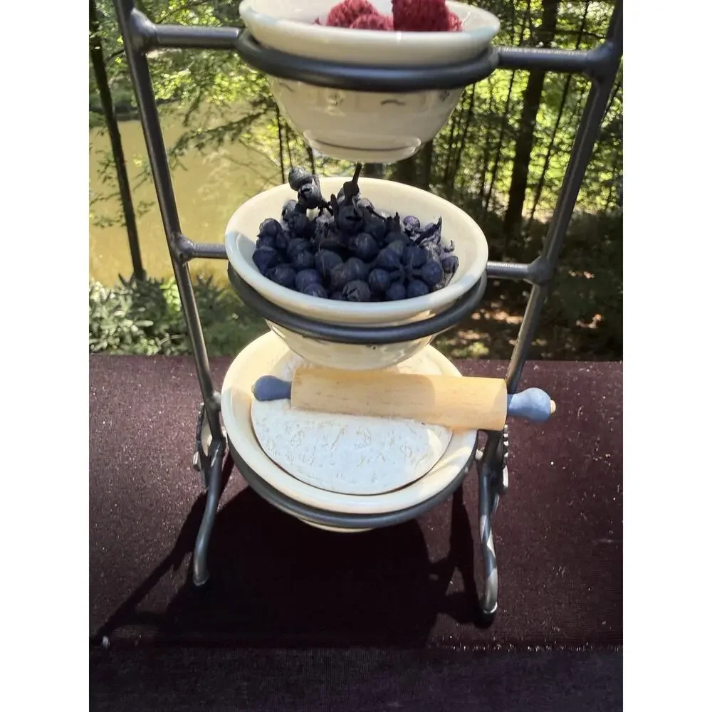 Longaberger Pottery Miniature Mixing Bowls Berries Dough Wrought Iron Stand Mint